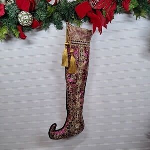 CHRISTMAS HOLIDAY‎ STOCKING CURLY TOE 26X12 LUXURIOUS SATIN HANDMADE OOAK
